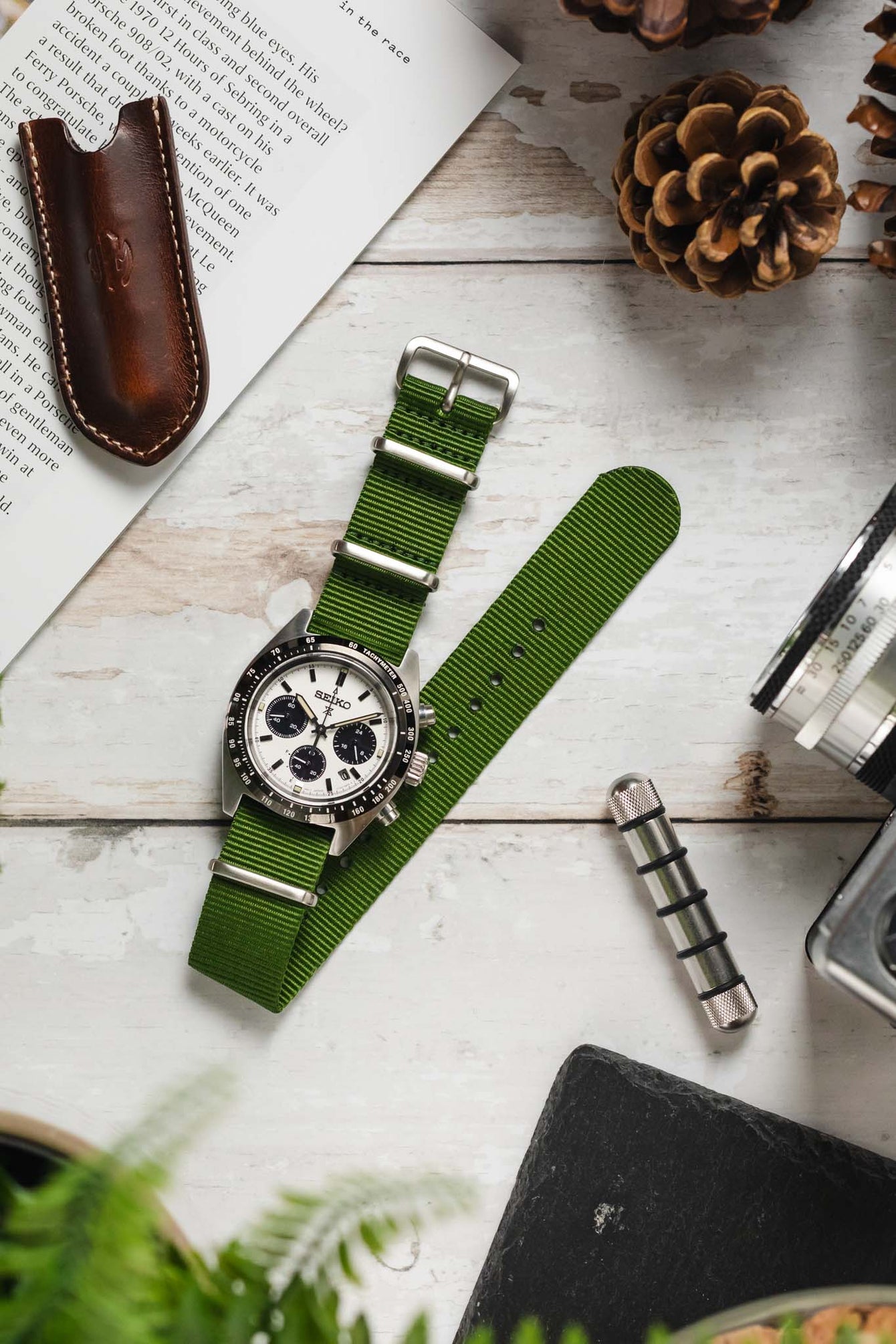 Nylon Watch Strap in GREEN with Brushed Buckle and Keepers