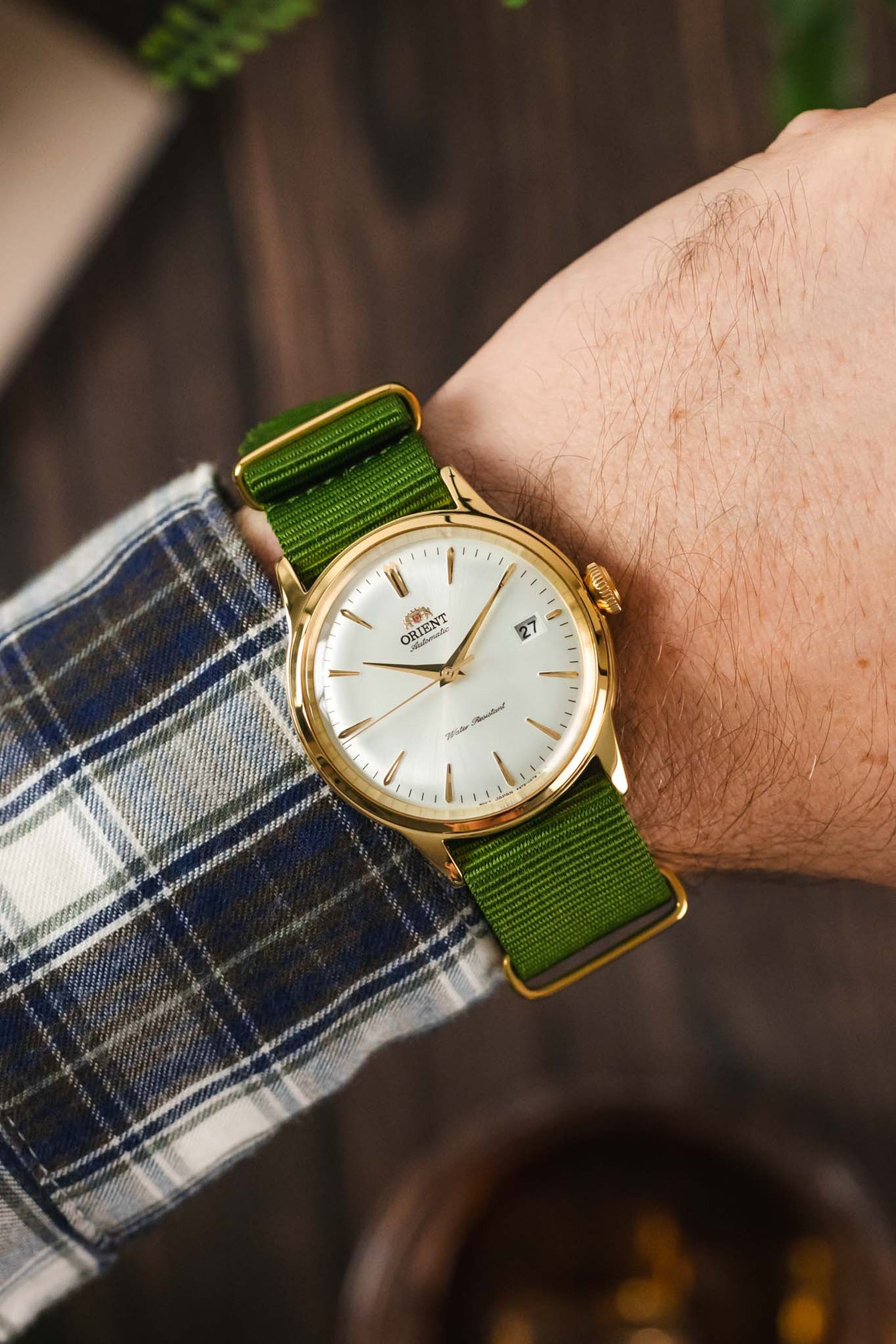 Nylon Watch Strap in GREEN with Gold Buckle and Keepers