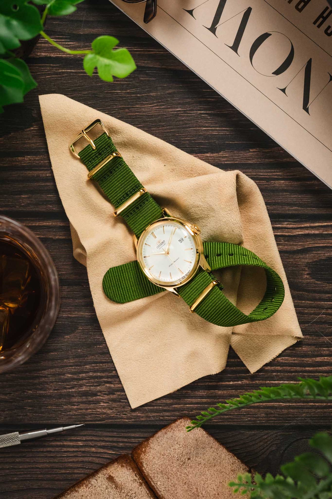 Nylon Watch Strap in GREEN with Gold Buckle and Keepers