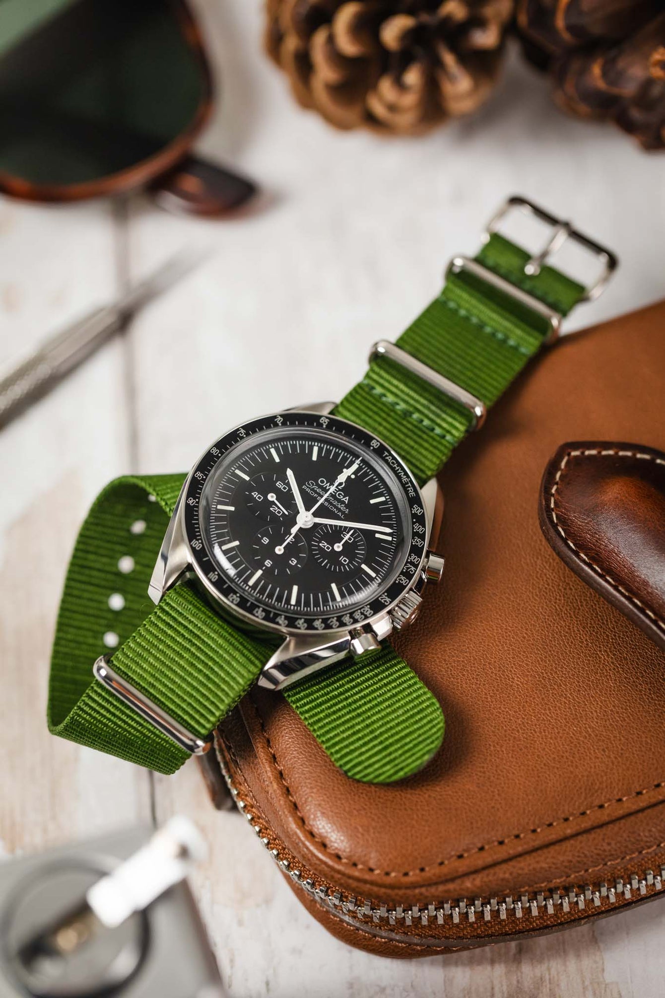 Nylon Watch Strap in GREEN with Polished Buckle and Keepers