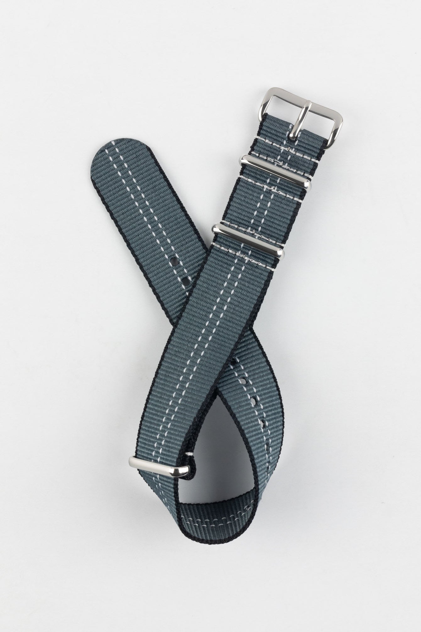 Nylon Watch Strap in GREY with White Stitch and Polished Buckle & Keepers