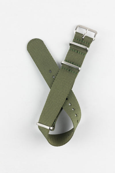 Nylon Watch Strap in OLIVE GREEN with Brushed Buckle & Keepers