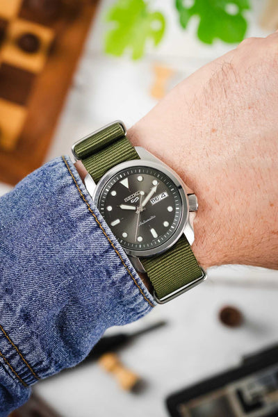 Nylon Watch Strap in OLIVE GREEN with Brushed Buckle & Keepers
