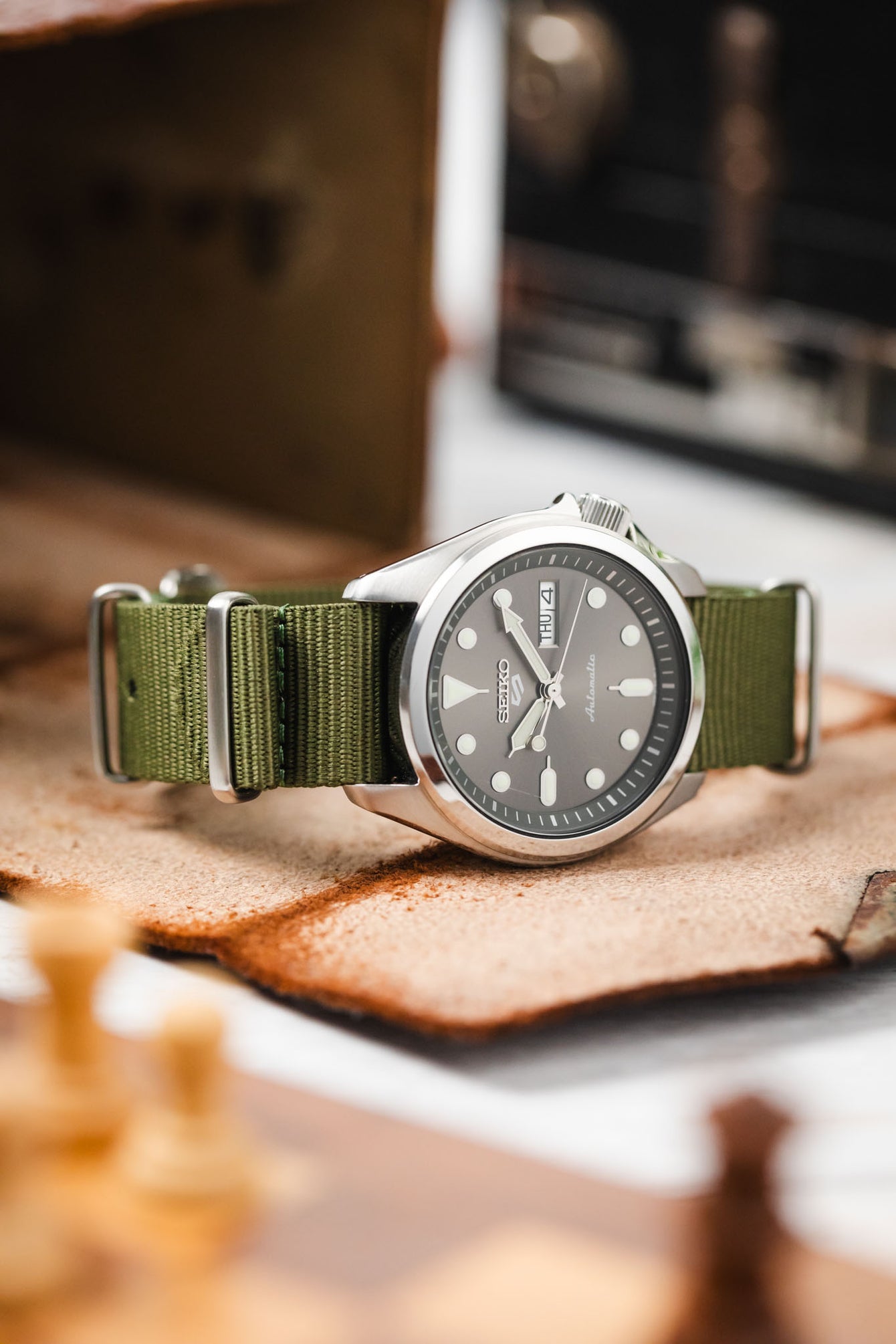 Nylon Watch Strap in OLIVE GREEN with Brushed Buckle & Keepers