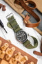 Nylon Watch Strap in OLIVE GREEN with Brushed Buckle & Keepers