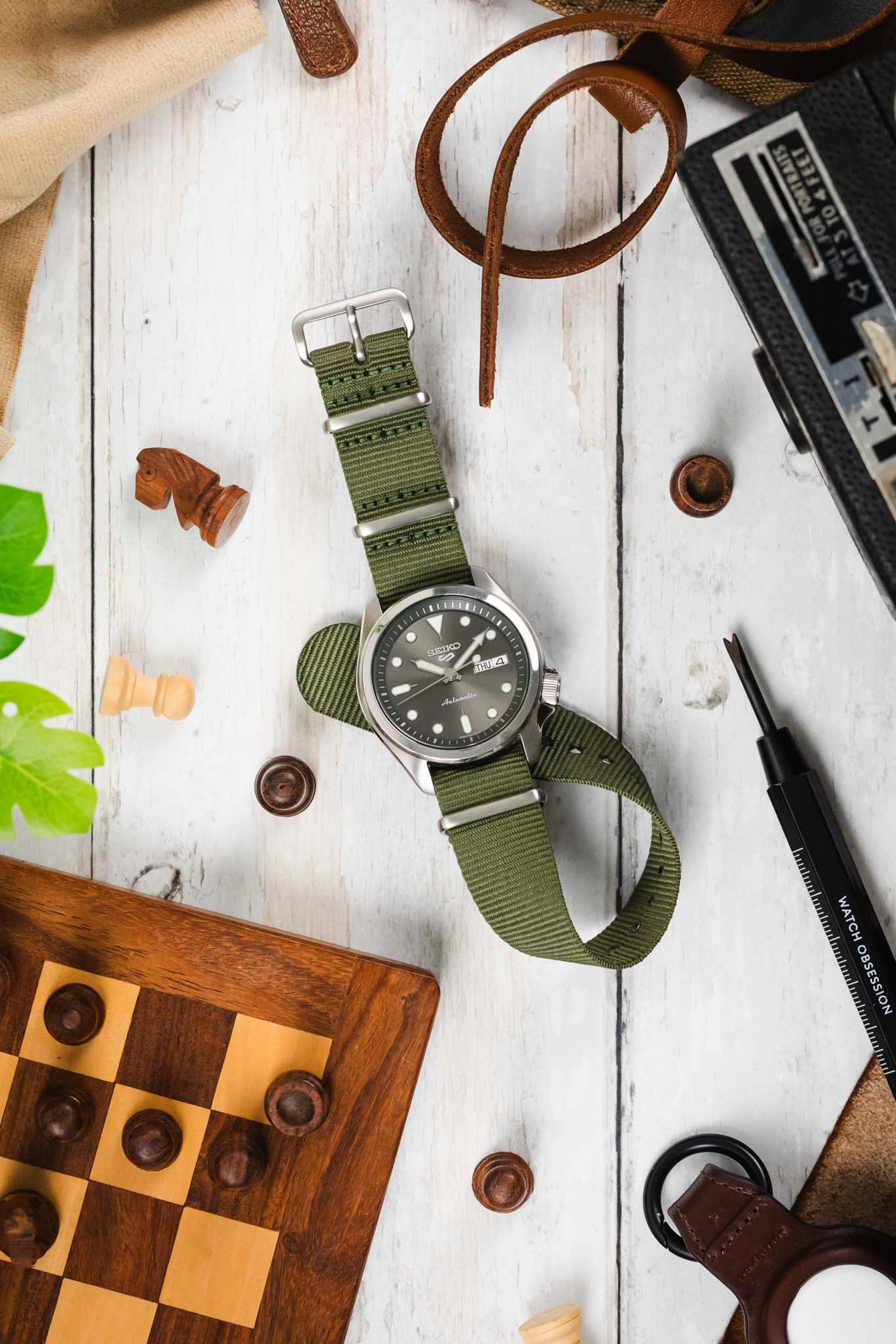 Nylon Watch Strap in OLIVE GREEN with Brushed Buckle & Keepers