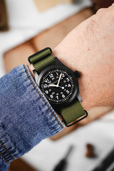 Nylon Watch Strap in OLIVE GREEN with PVD Buckle & Keepers