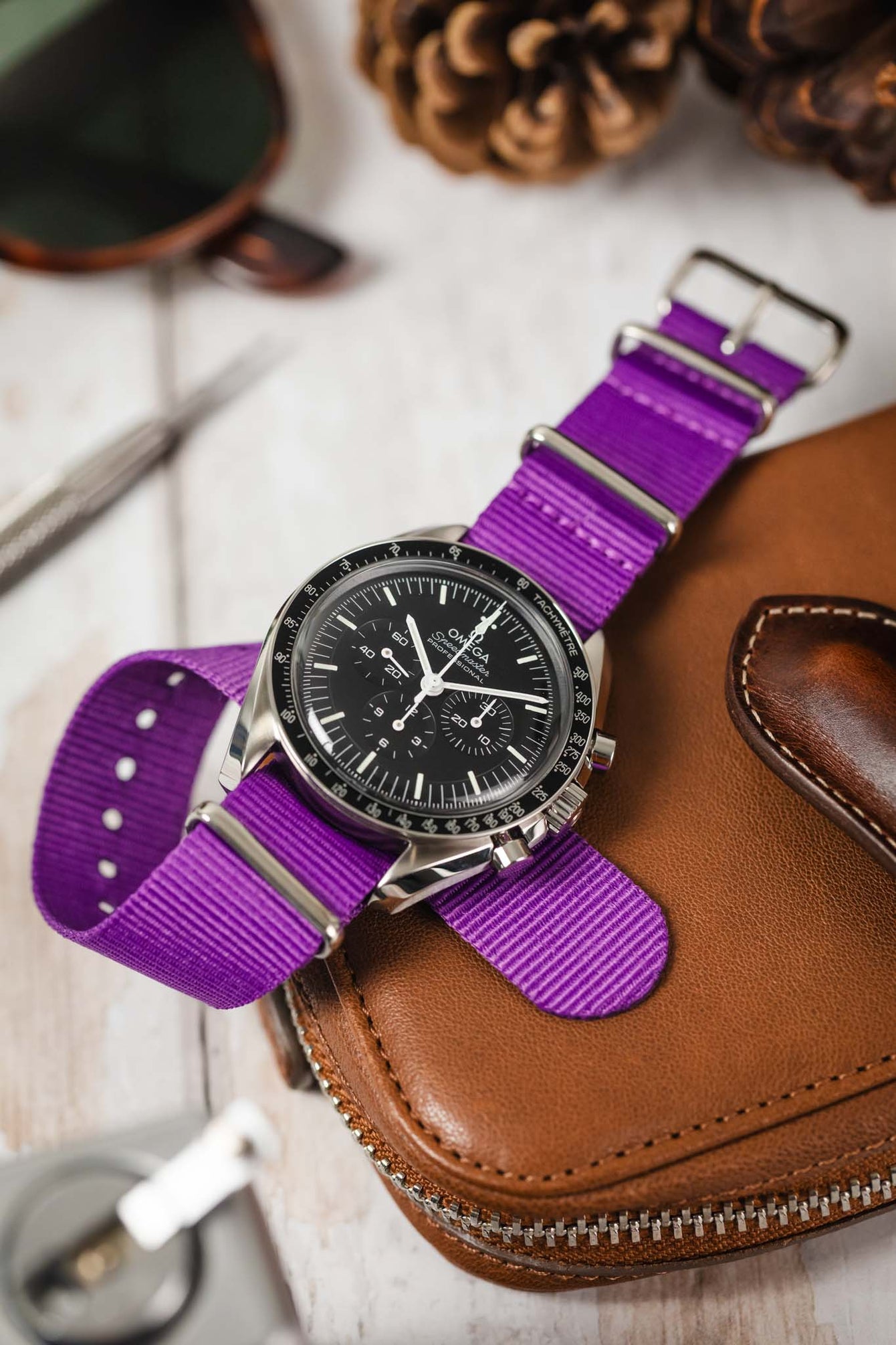 Nylon Watch Strap in PURPLE with Polished Buckle and Keepers