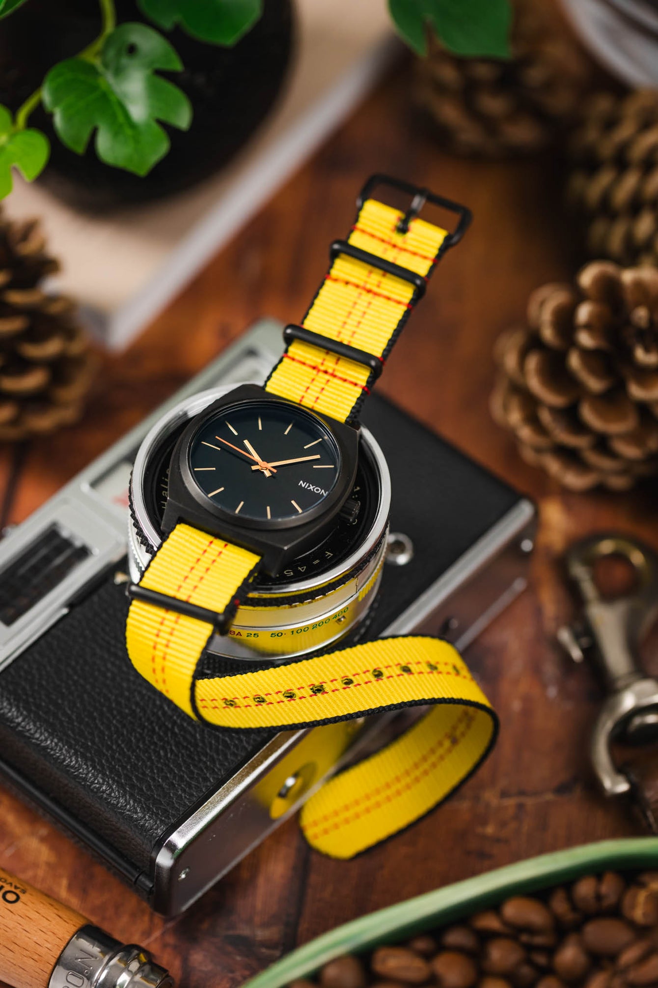 Nylon Centre-Stitch Strap in YELLOW with Red Stitch and PVD Buckle & Keepers