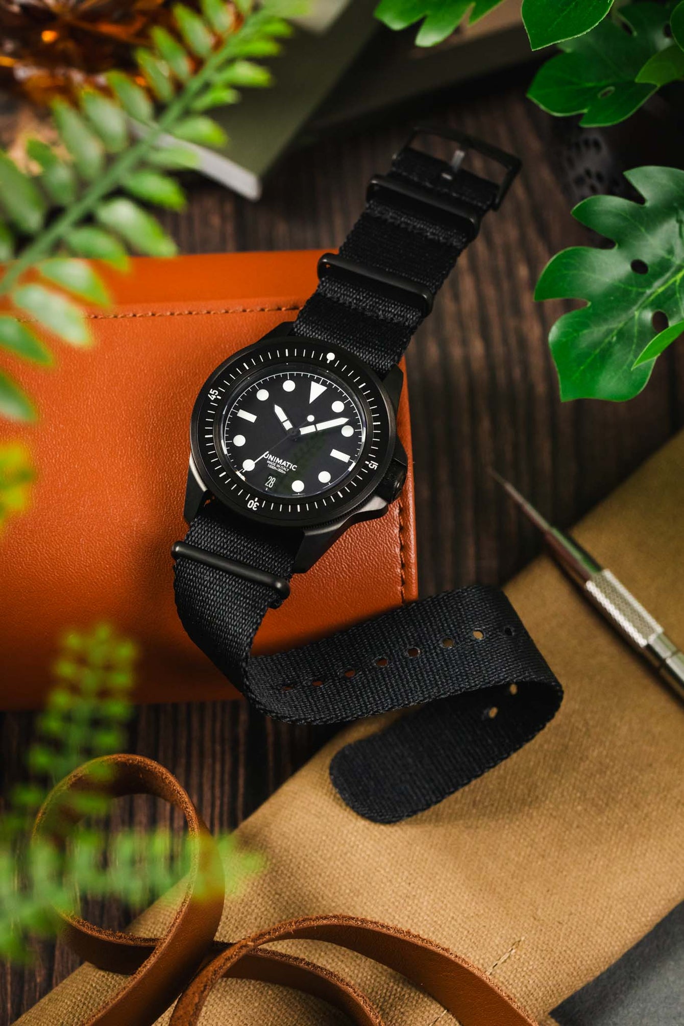 Premium Nylon Watch Strap in SOLID BLACK with Black PVD Hardware