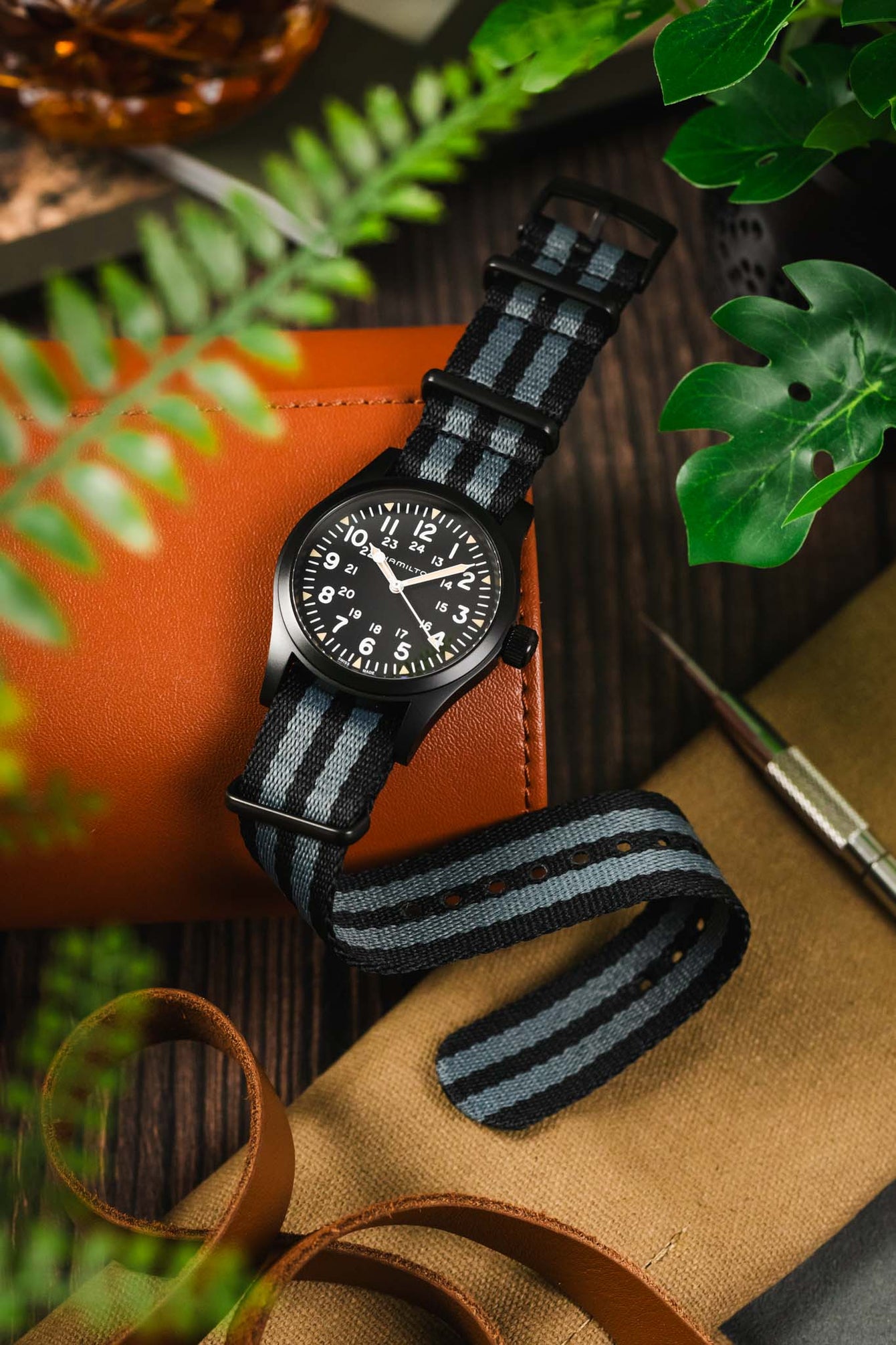 Premium Nylon Watch Strap in BLACK & GREY with Black PVD Hardware