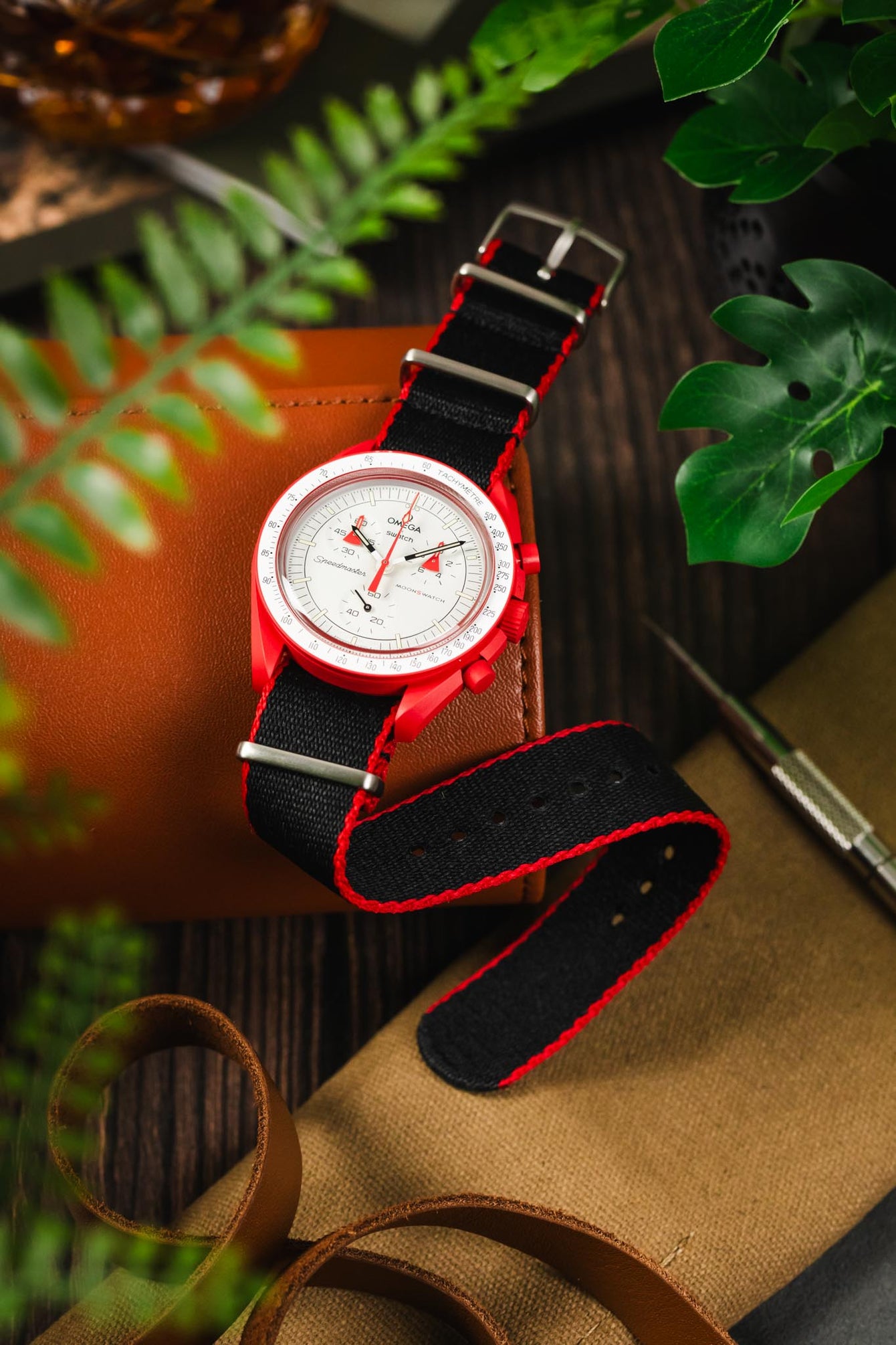 Premium Nylon Watch Strap in Black with Red Edges