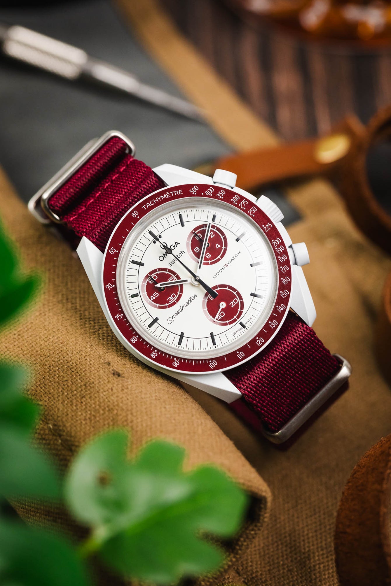 Premium Nylon Watch Strap in BURGUNDY with Brushed Hardware