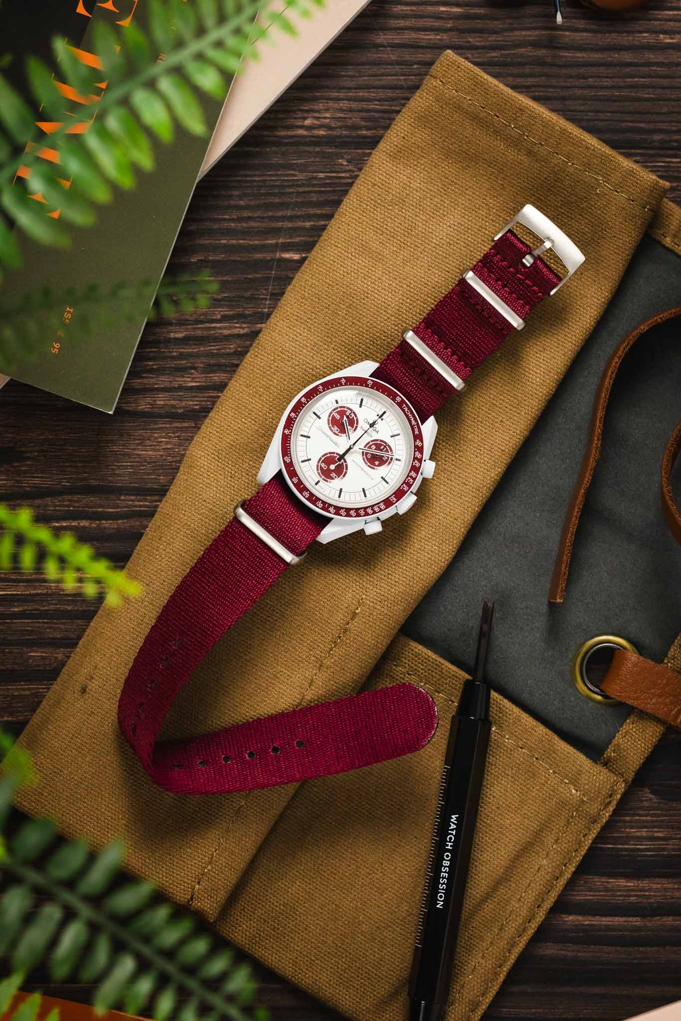 Premium Nylon Watch Strap in BURGUNDY with Brushed Hardware