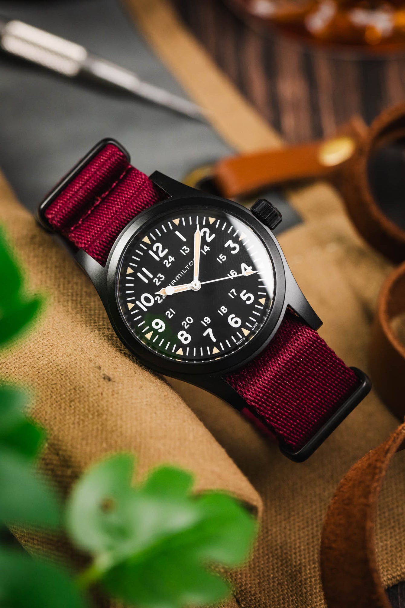 Premium Nylon Watch Strap in BURGUNDY with Black PVD Hardware