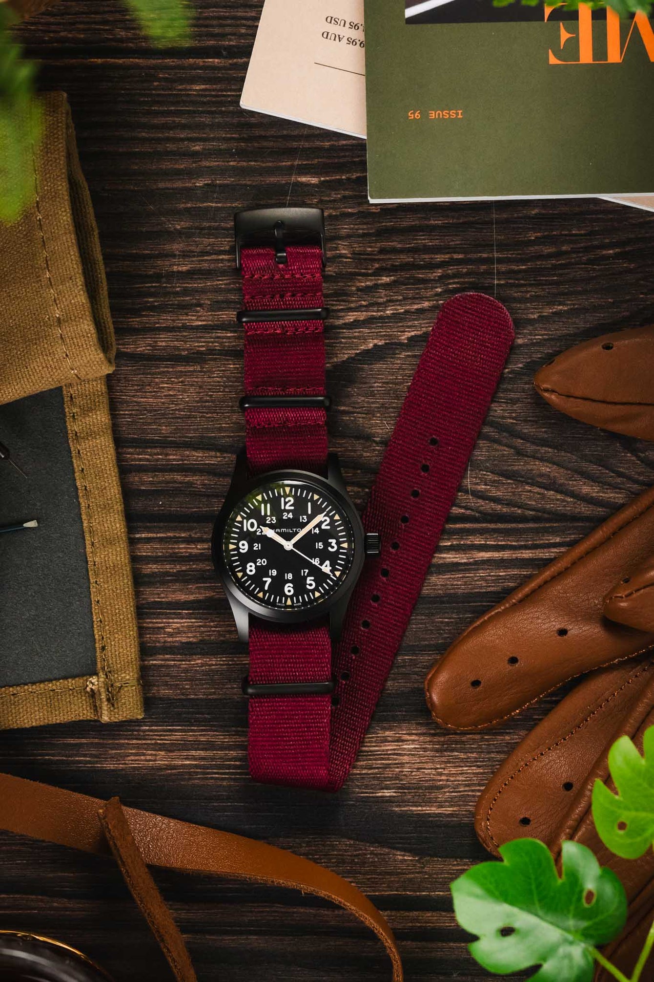 Premium Nylon Watch Strap in BURGUNDY with Black PVD Hardware