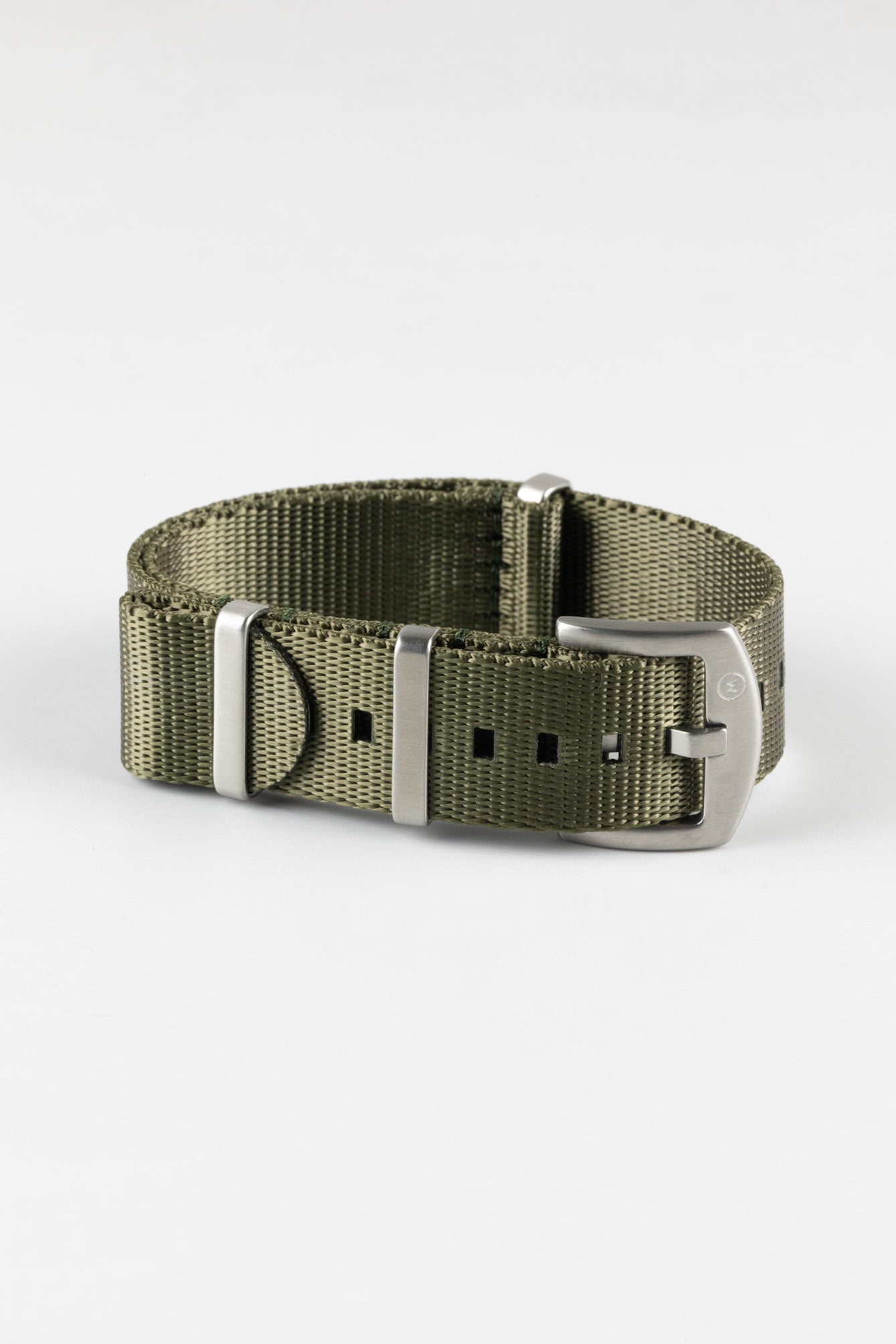 Seatbelt Nylon Watch Strap in ARMY GREEN with BRUSHED STEEL Hardware