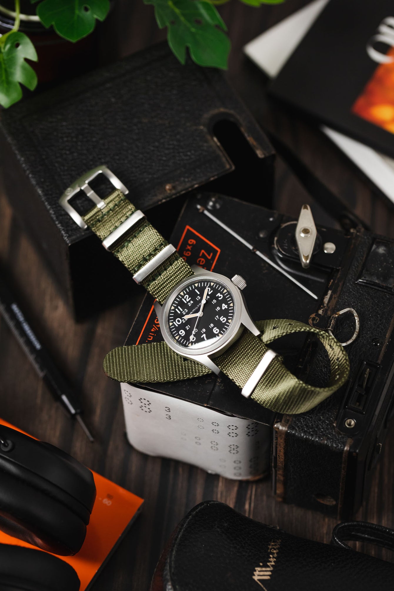 Seatbelt Nylon Watch Strap in ARMY GREEN with BRUSHED STEEL Hardware