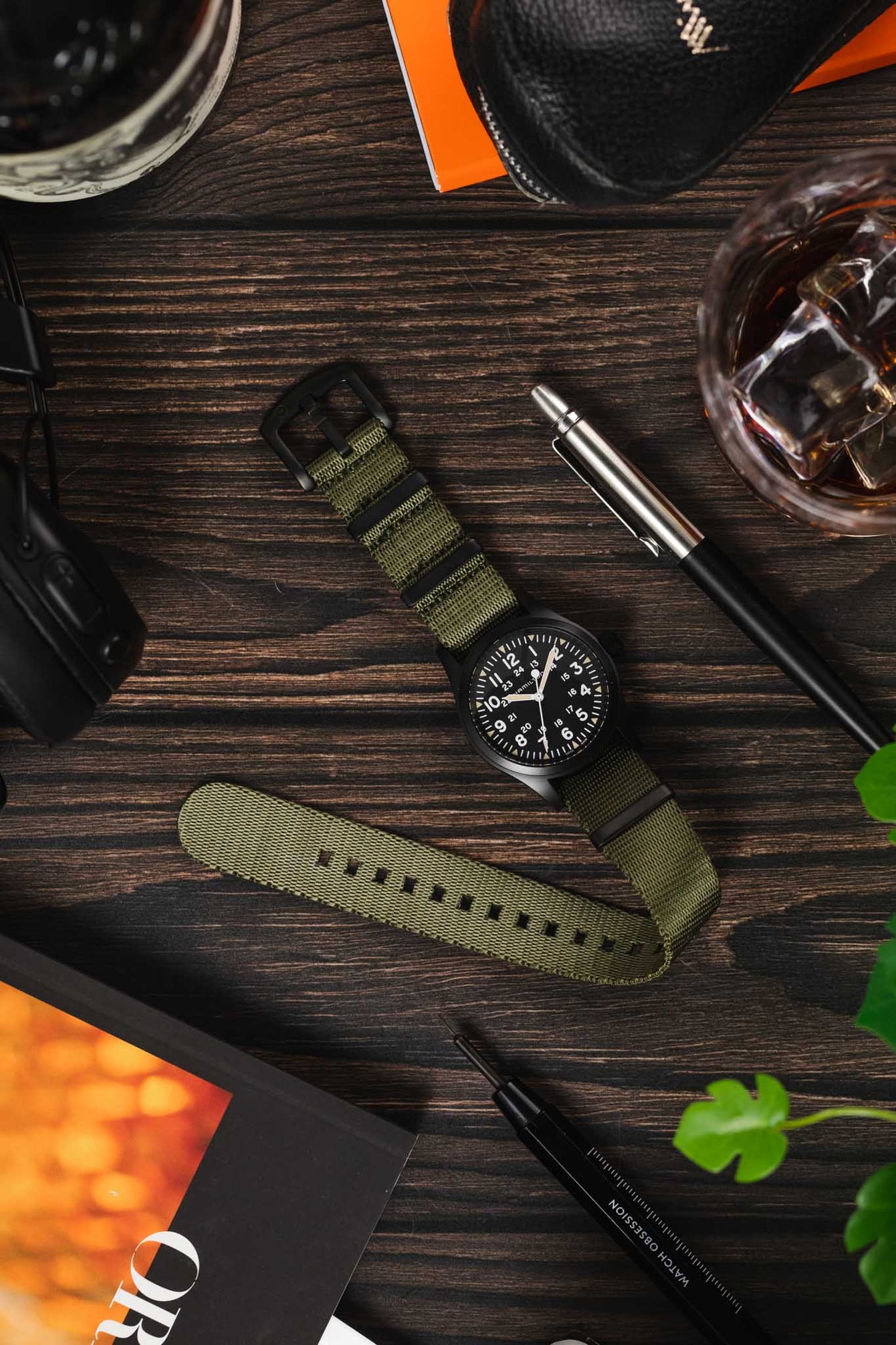 Seatbelt Nylon Watch Strap in ARMY GREEN with BLACK PVD Hardware