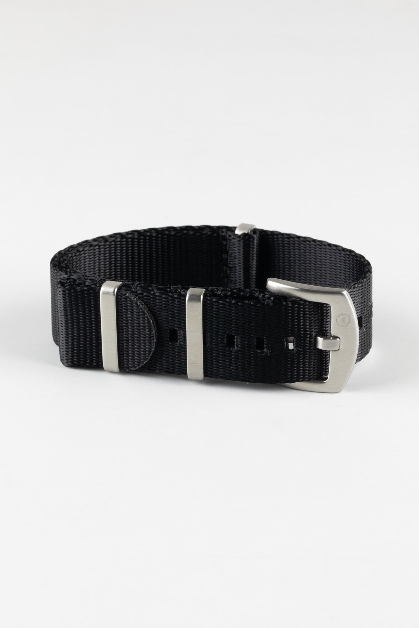 Seatbelt Nylon Watch Strap in BLACK with BRUSHED STEEL Hardware