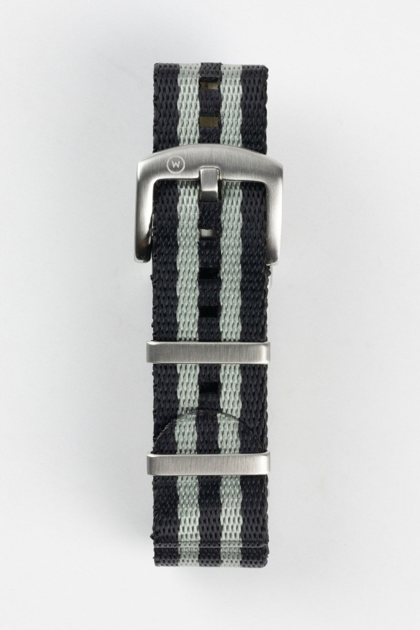 Seatbelt Nylon Watch Strap in BLACK & GREY Stripes with BRUSHED STEEL Hardware