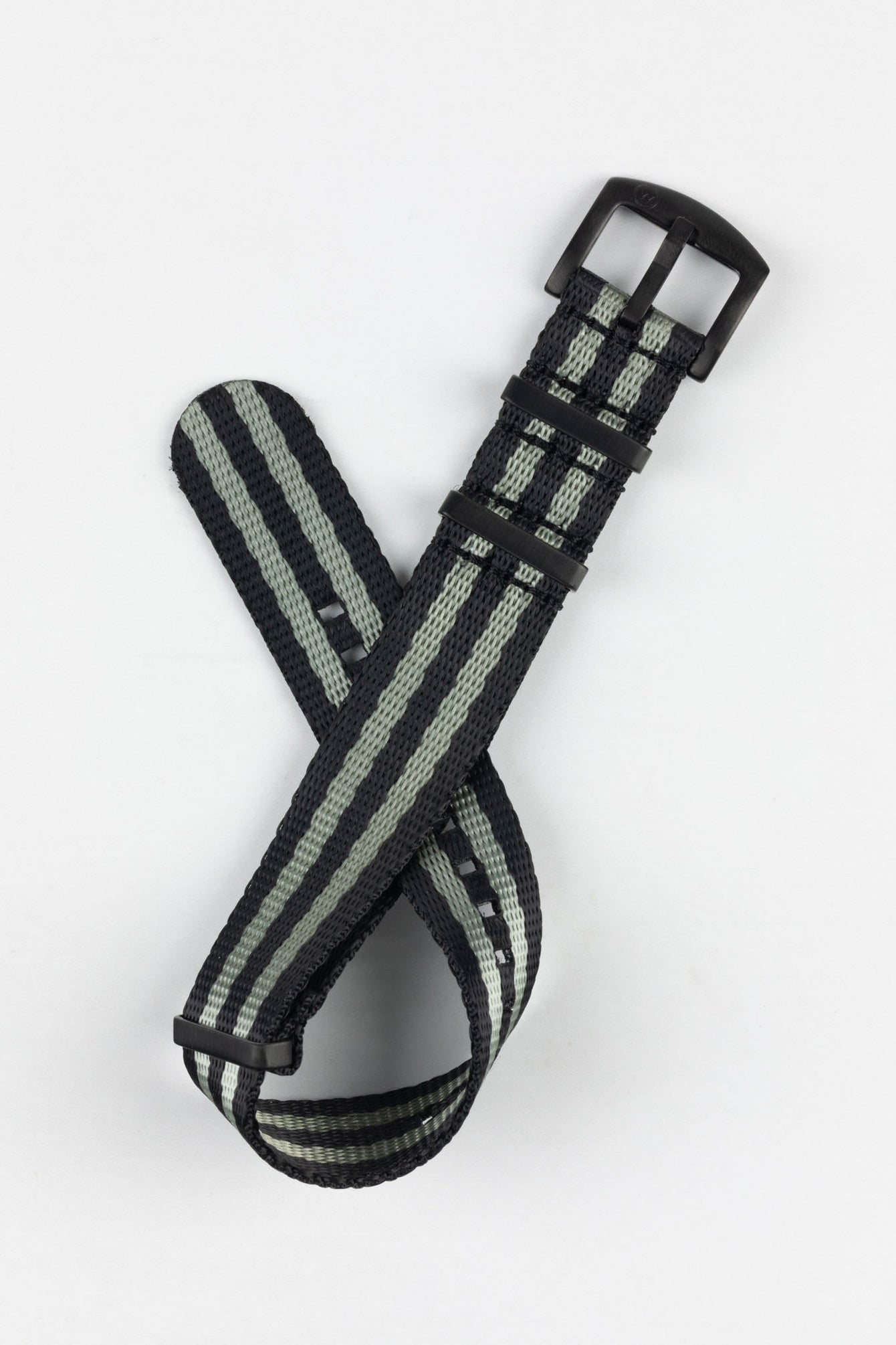 Seatbelt Nylon Watch Strap in BLACK & GREY Stripes with BLACK PVD Hardware