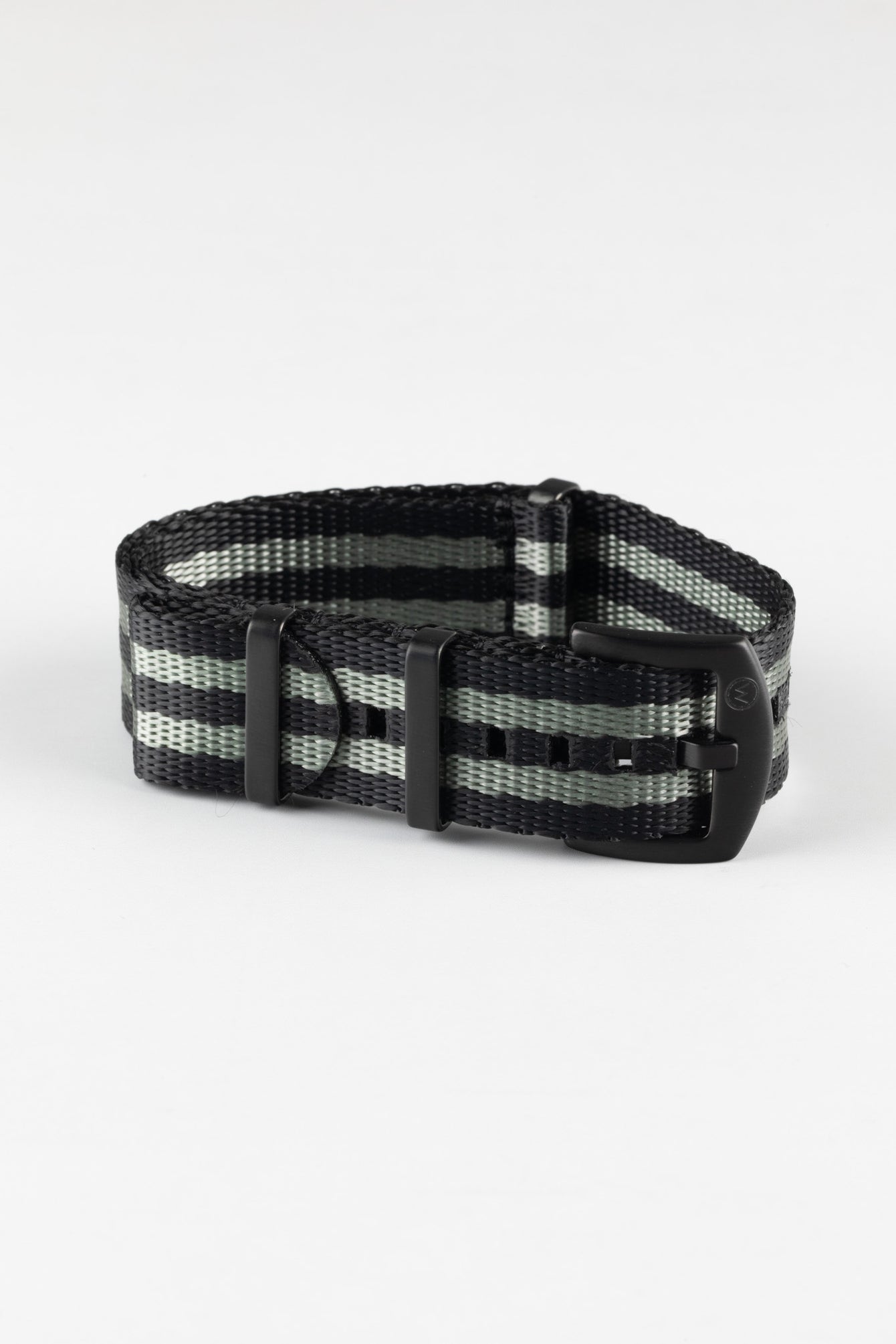 Seatbelt Nylon Watch Strap in BLACK & GREY Stripes with BLACK PVD Hardware