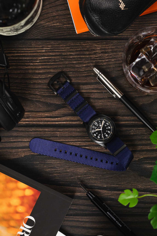 Seatbelt Nylon Watch Strap in DARK BLUE with BLACK PVD Hardware