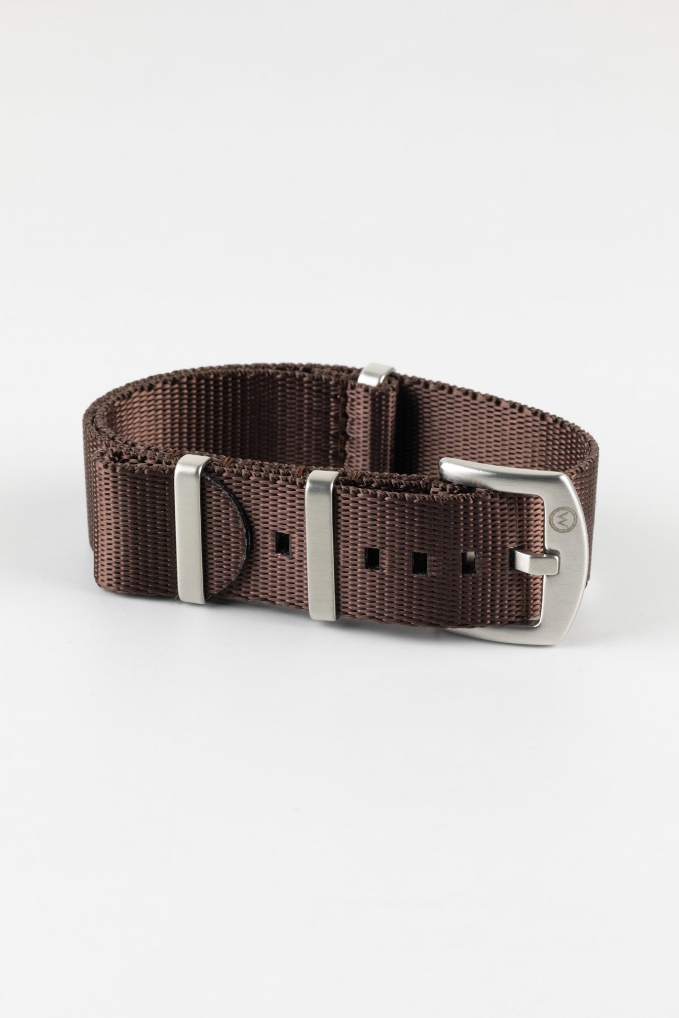 Seatbelt Nylon Watch Strap in DARK BROWN with BRUSHED STEEL Hardware