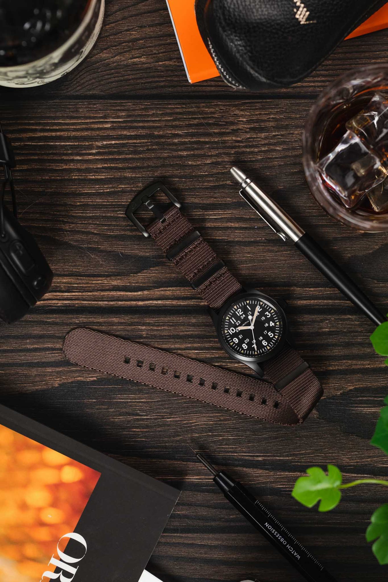 Seatbelt Nylon Watch Strap in DARK BROWN with BLACK PVD Hardware