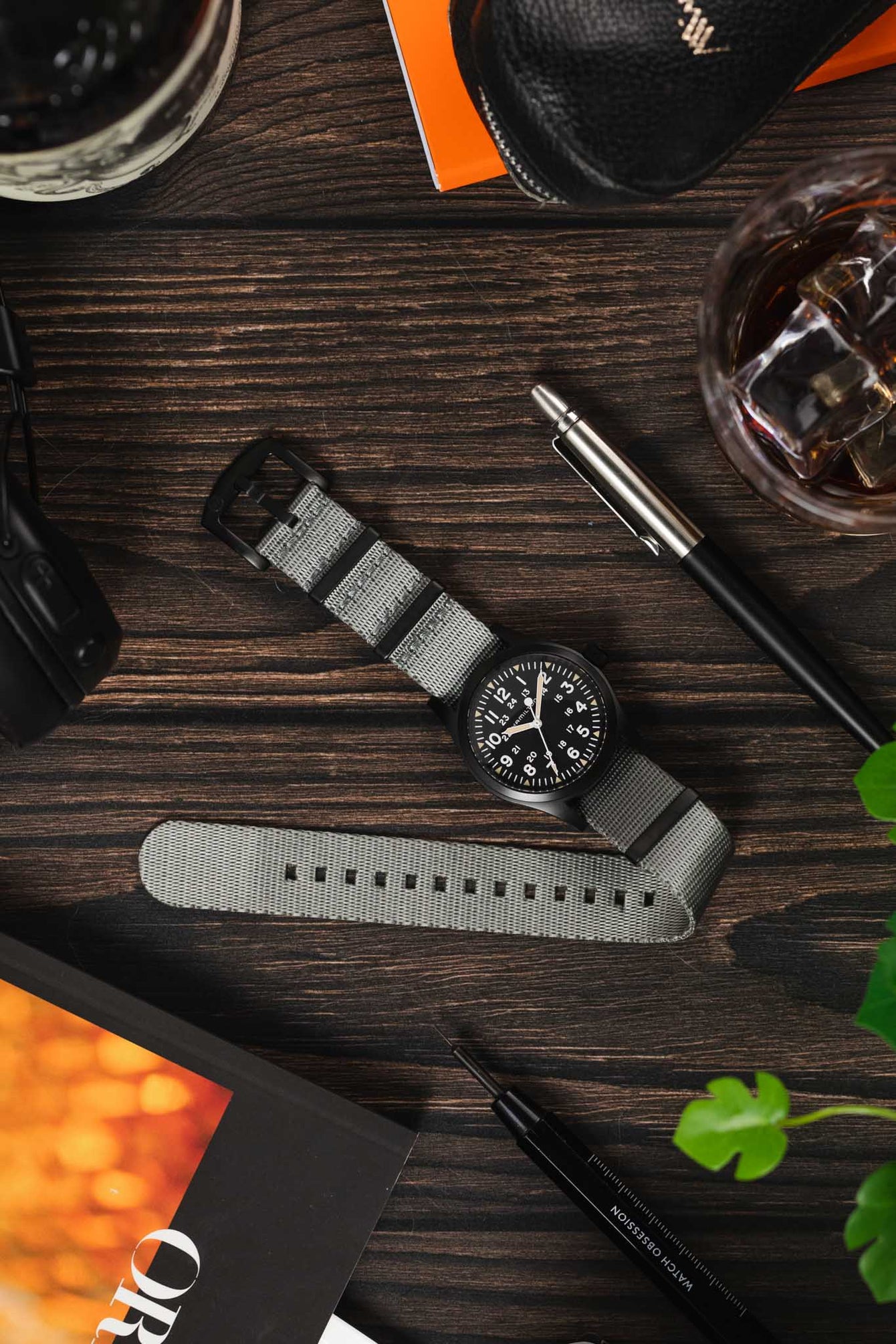 Seatbelt Nylon Watch Strap in GREY with BLACK PVD Hardware