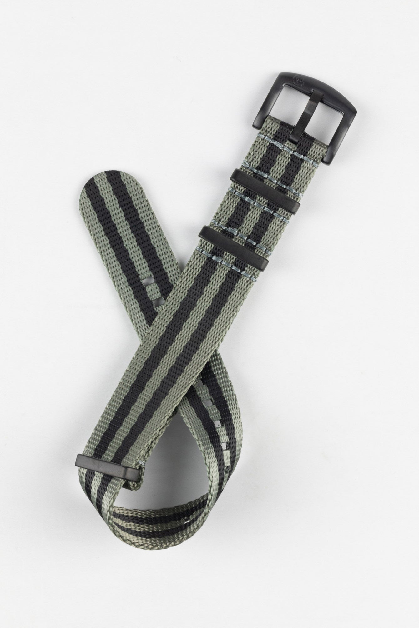 Seatbelt Nylon Watch Strap in GREY & BLACK Stripes with BLACK PVD Hardware