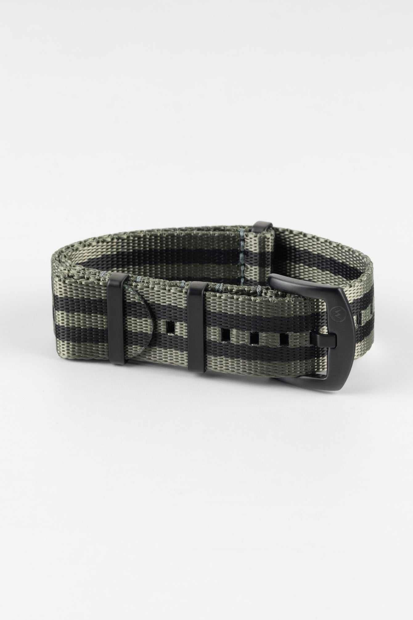 Seatbelt Nylon Watch Strap in GREY & BLACK Stripes with BLACK PVD Hardware