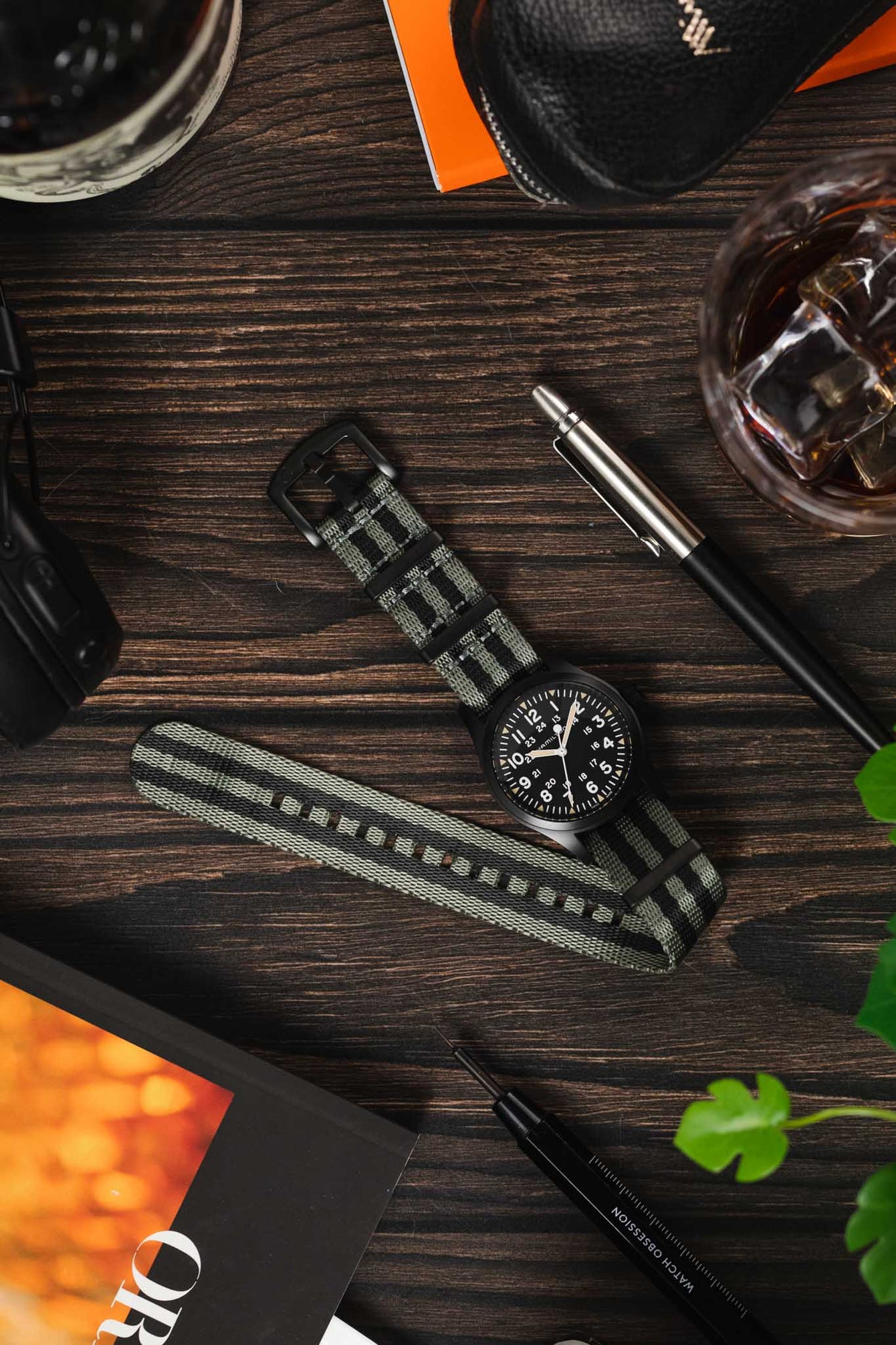 Seatbelt Nylon Watch Strap in GREY & BLACK Stripes with BLACK PVD Hardware