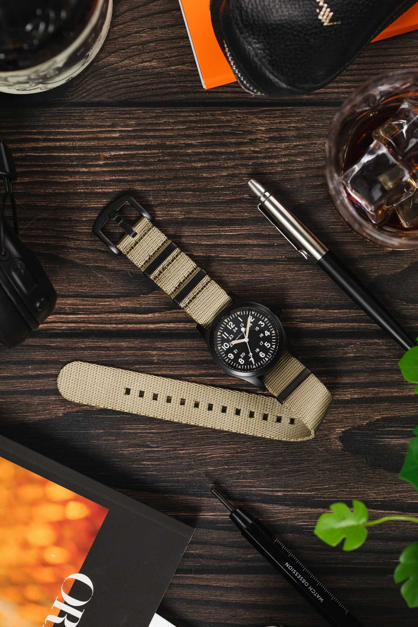 Seatbelt Nylon Watch Strap in OATMEAL with BLACK PVD Hardware