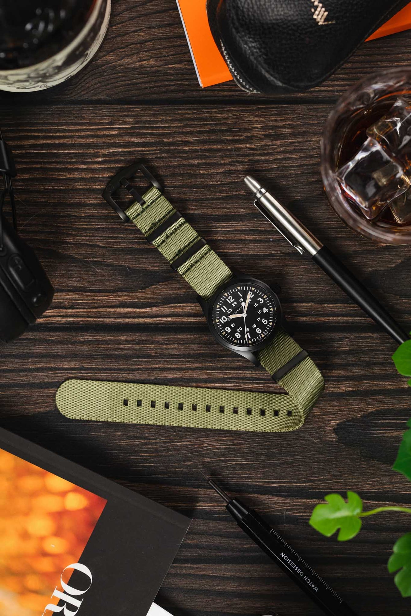 Seatbelt Nylon Watch Strap in OLIVE GREEN with BLACK PVD Hardware