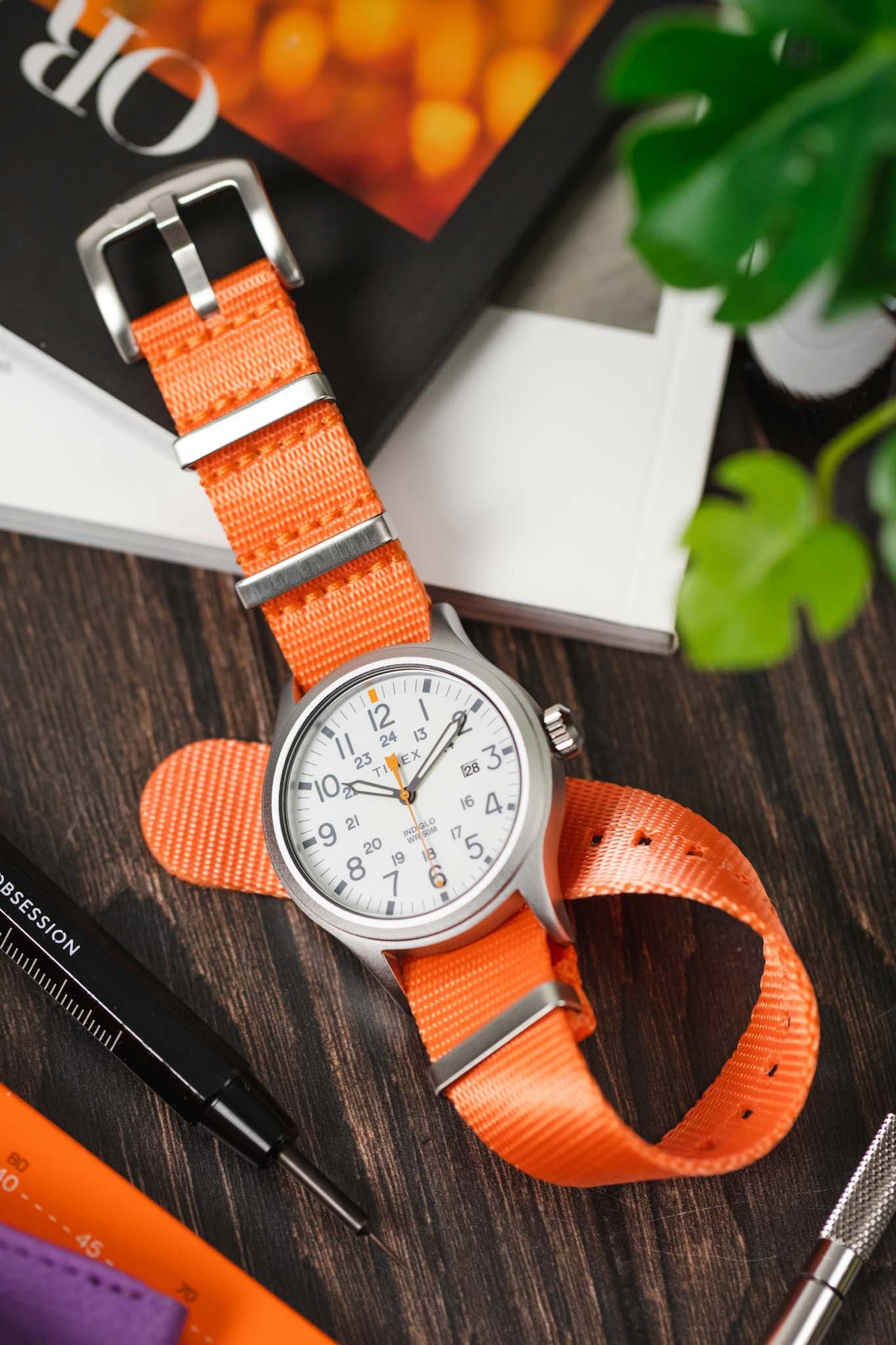 Seatbelt Nylon Watch Strap in ORANGE with BRUSHED STEEL Hardware