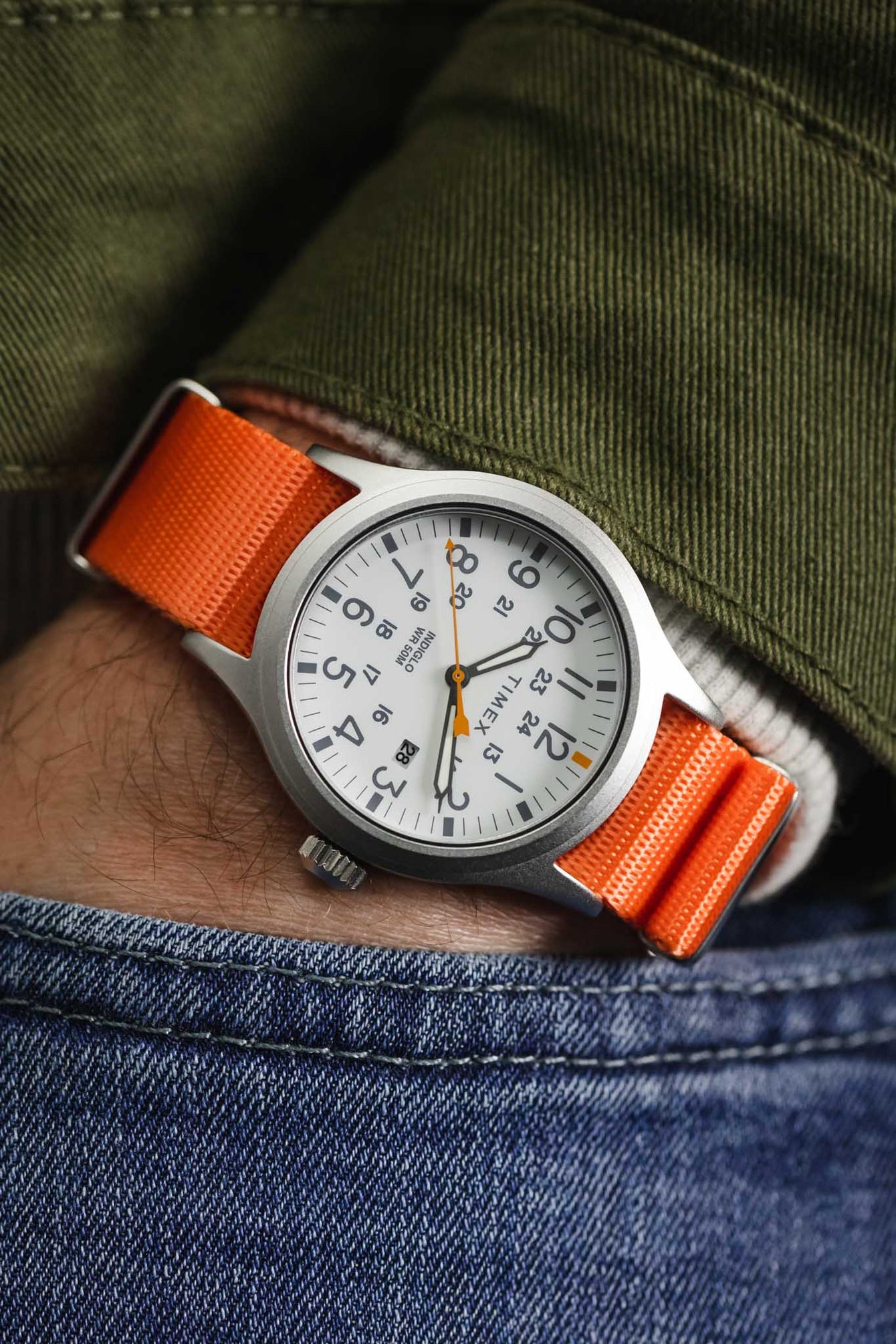 Seatbelt Nylon Watch Strap in ORANGE with BRUSHED STEEL Hardware