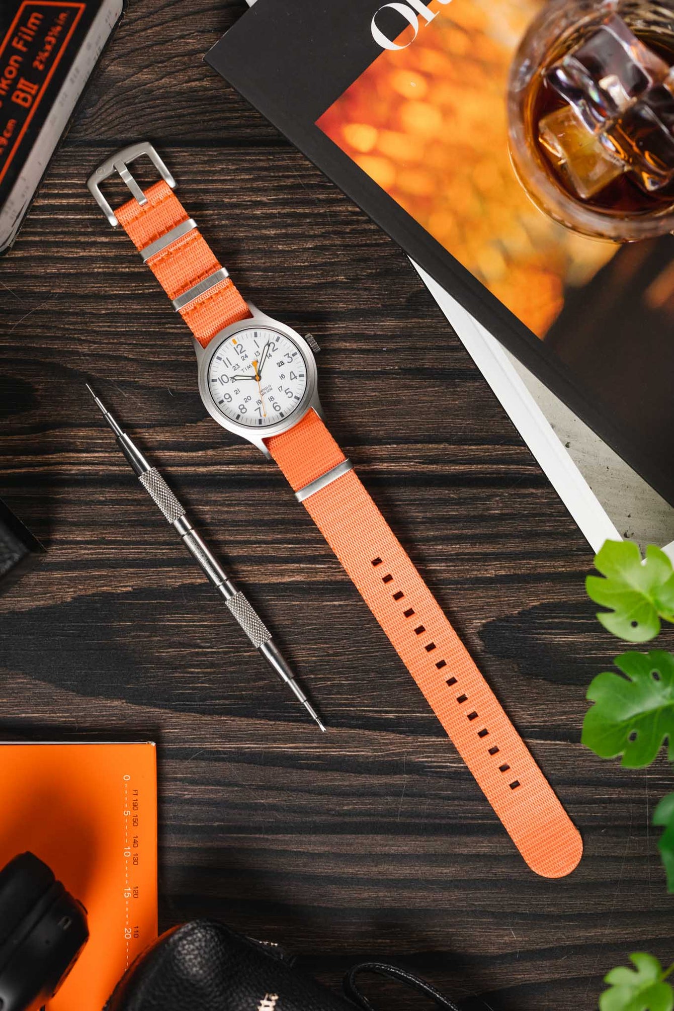 Seatbelt Nylon Watch Strap in ORANGE with BRUSHED STEEL Hardware