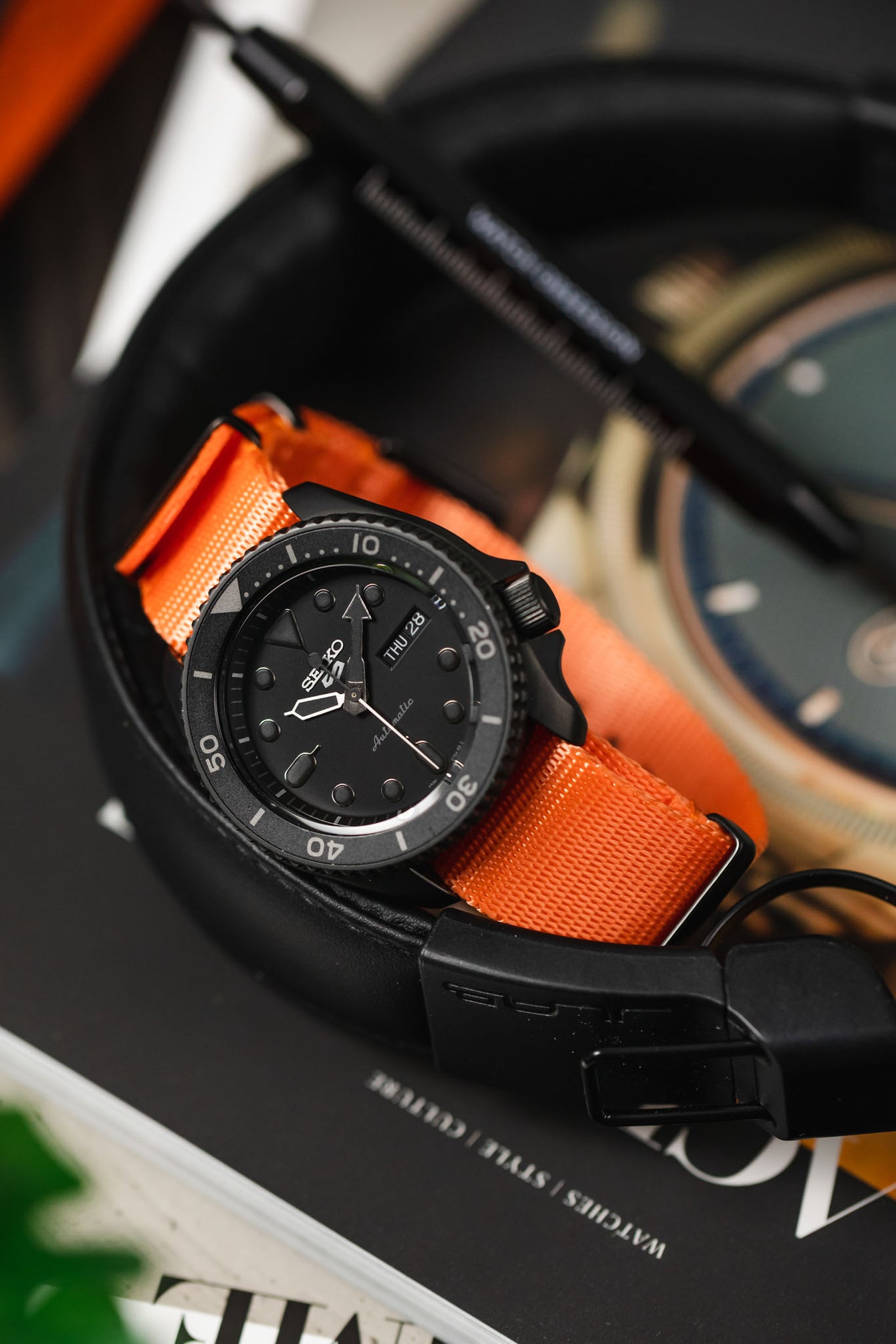 Seatbelt Nylon Watch Strap in ORANGE with BLACK PVD Hardware