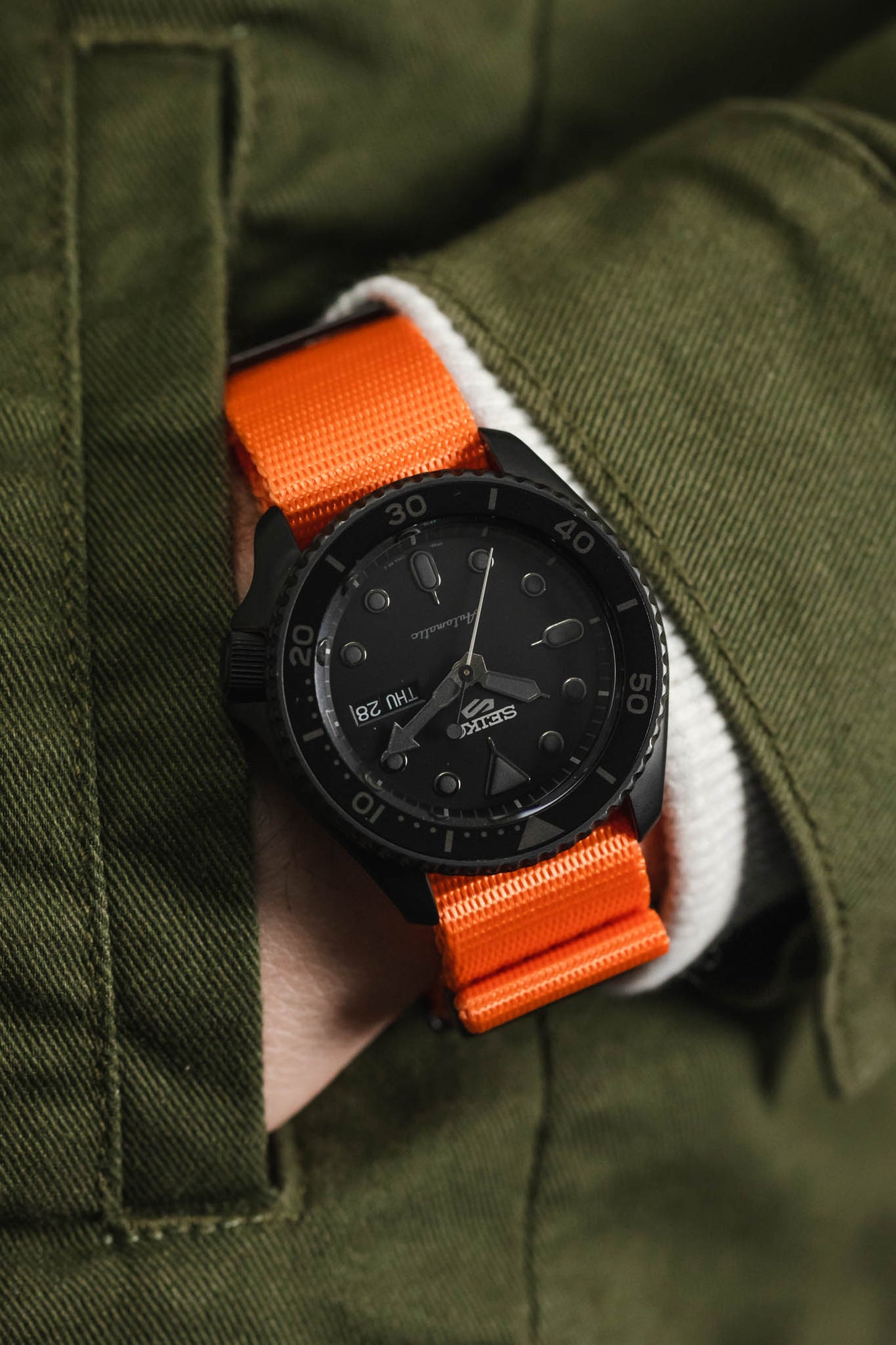 Seatbelt Nylon Watch Strap in ORANGE with BLACK PVD Hardware