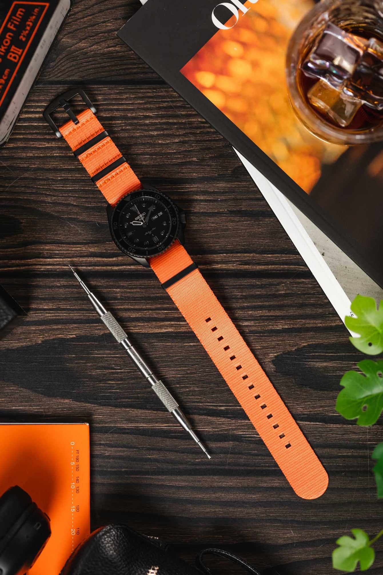 Seatbelt Nylon Watch Strap in ORANGE with BLACK PVD Hardware