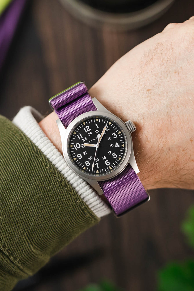 Seatbelt Nylon Watch Strap in PURPLE with BRUSHED STEEL Hardware