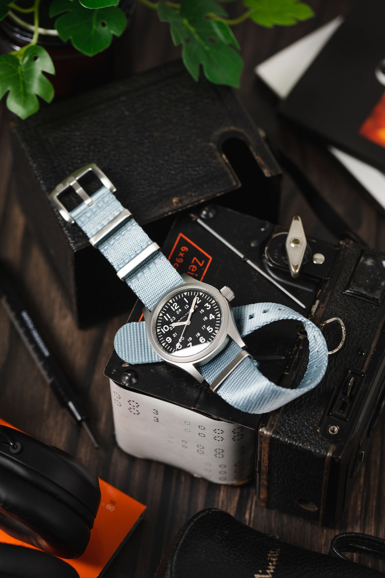 Nylon Seatbelt One-Piece Watch Strap in SKY BLUE with BRUSHED STEEL Hardware