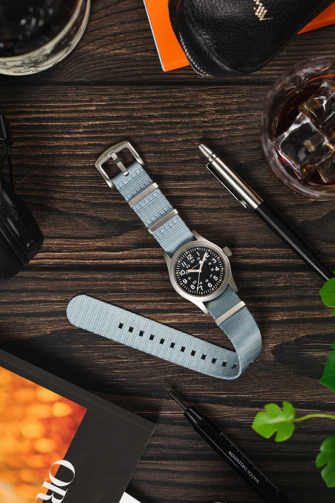 Nylon Seatbelt One-Piece Watch Strap in SKY BLUE with BRUSHED STEEL Hardware