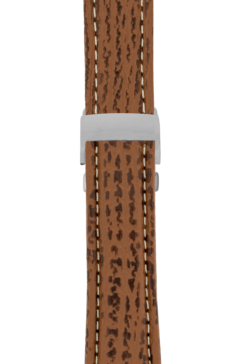 Breitling-Style Sharkskin Leather Deployment Watch Strap in Gold Brown (with Polished Silver Deployment Clasp)