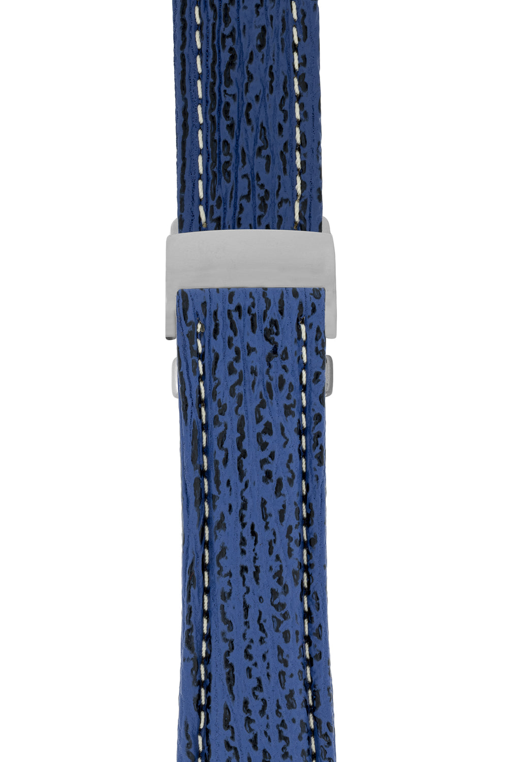 Breitling-Style Sharkskin Leather Deployment Watch Strap in Night Blue (with Polished Silver Deployment Clasp)