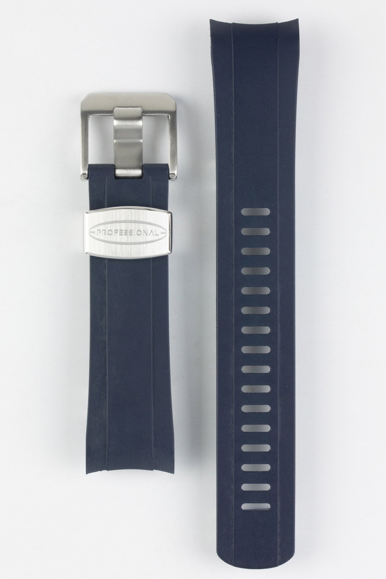 Crafter Blue CB10 Rubber watch strap for seiko 5 sports series with brushed stainless steel buckle and embossed keeper in Navy Blue 