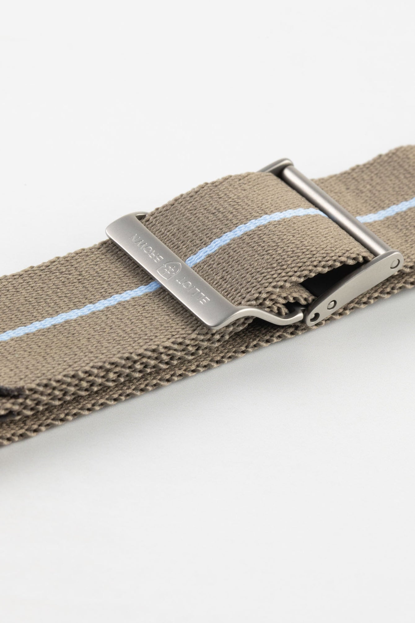 ELLIOT BROWN Webbing Watch Strap in DESERT BROWN with SKY BLUE Stripe and BEADBLASTED Buckle