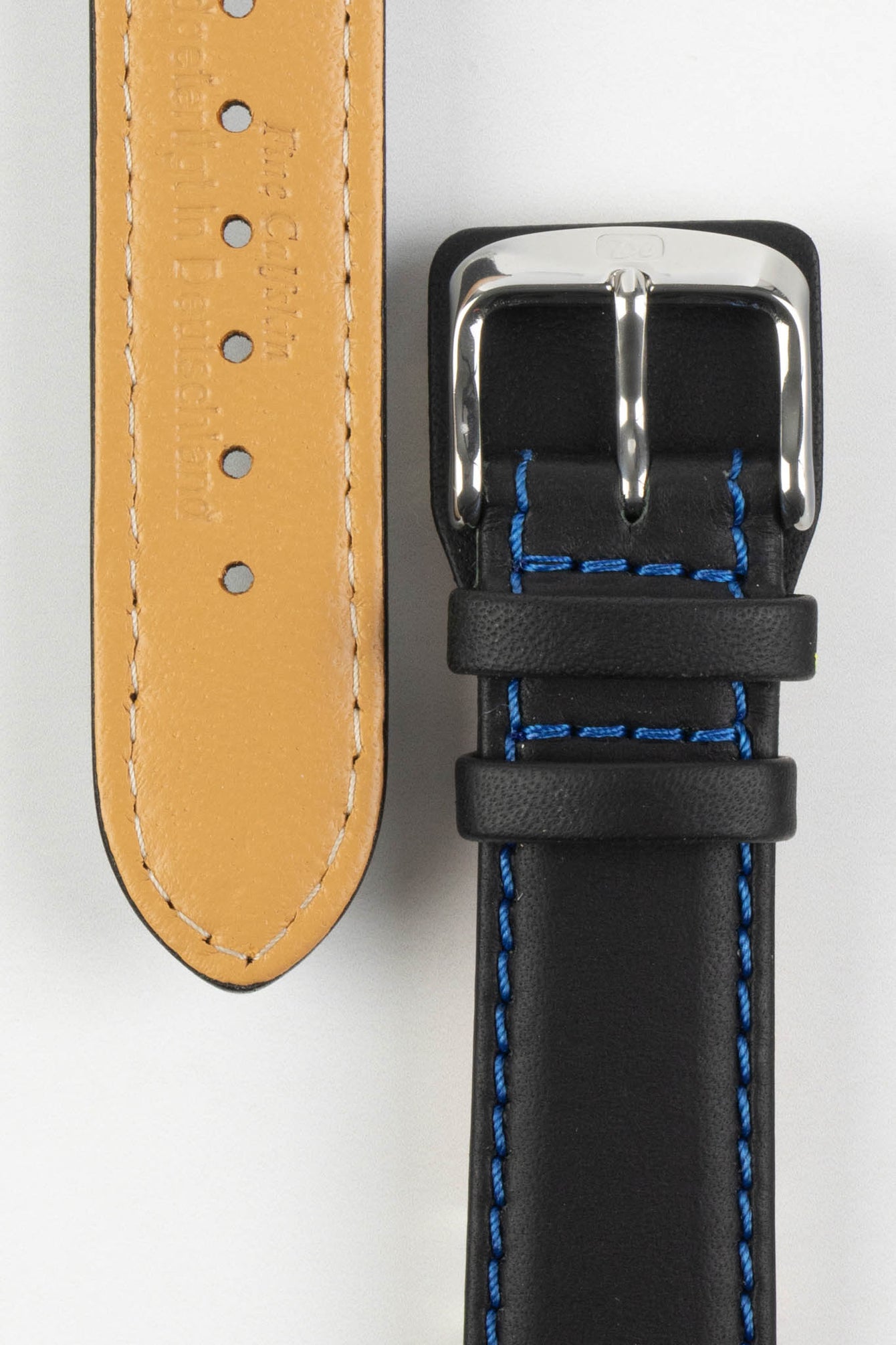 black leather watch strap blue stitching 